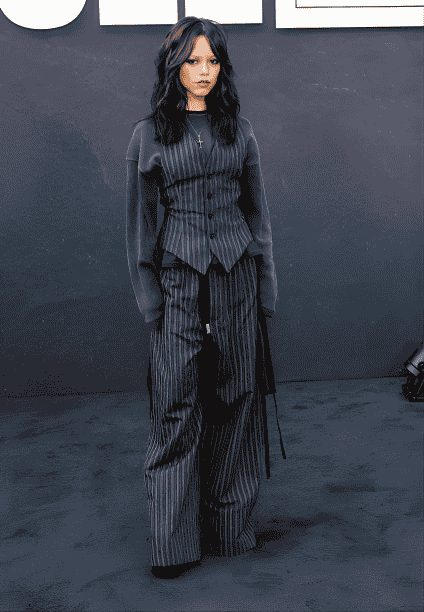 Jenna Ortega Netflix Wednesday FYC 2025 Pinstripe Vest Outfit Breakdown