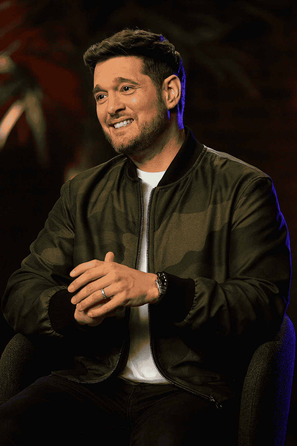 Michael Bublé’s Green Camouflage Bomber Jacket Look Breakdown