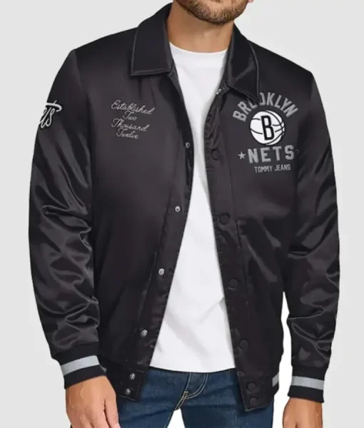 Brooklyn Nets Stitch Appliqu&eacute; Black Satin Jacket Classic Fan Style Elevated