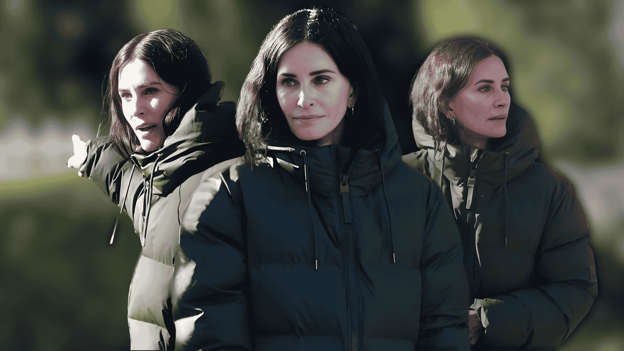 courteney-cox-in-a-forest-green-puffer-coat-on-the-set-of-evil-genius-